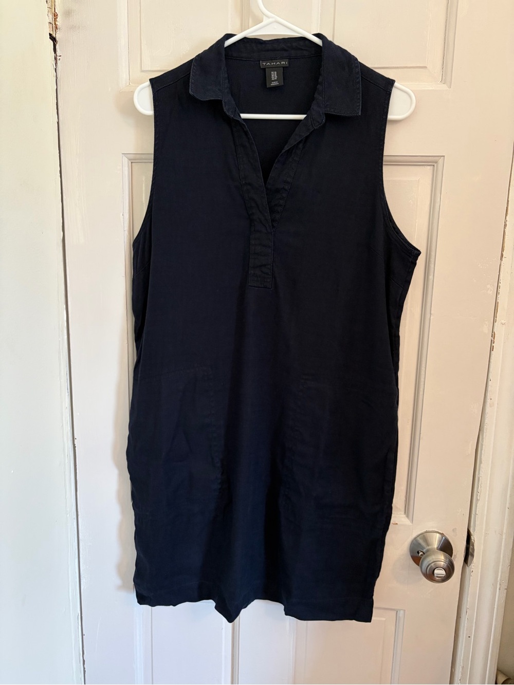 Tahari Linen Blend Sleeveless Collared Midi Dress Navy Blue size 10 lightweight